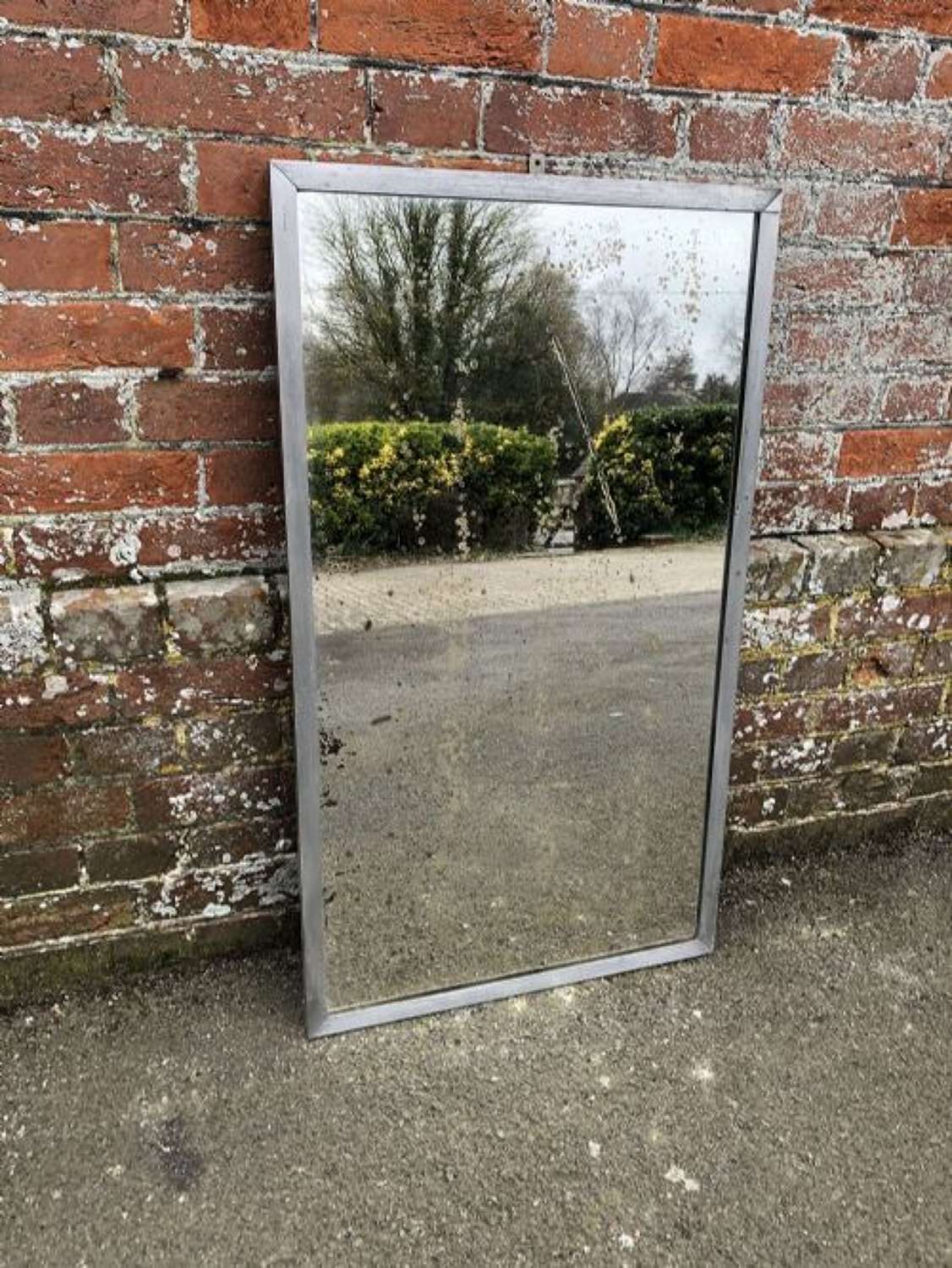 A Wonderful Useful Size Antique French Industrial Chrome Bistro Mirror