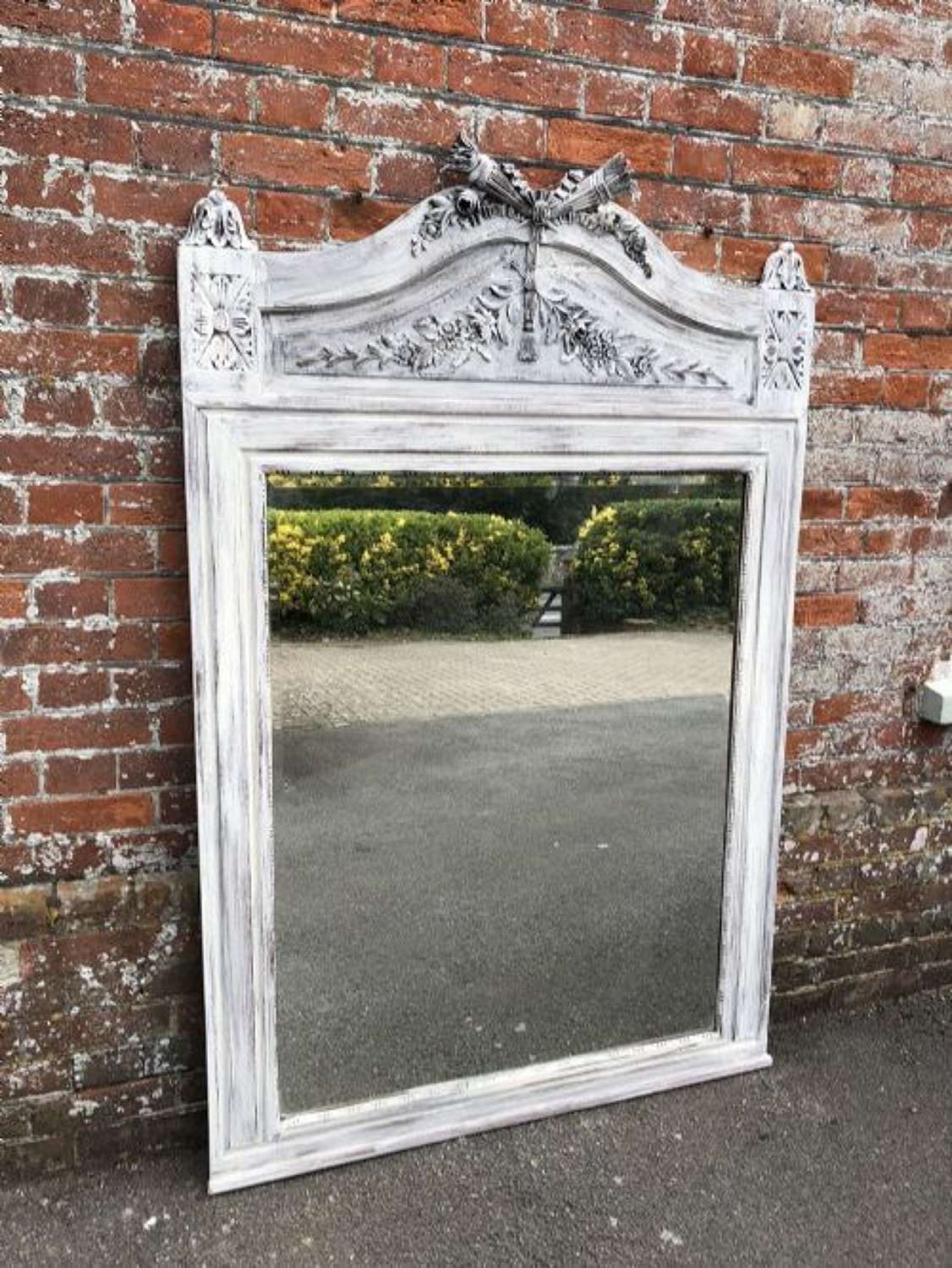A Large Antique 19th Century French Carved Wood Distressed Mirror.