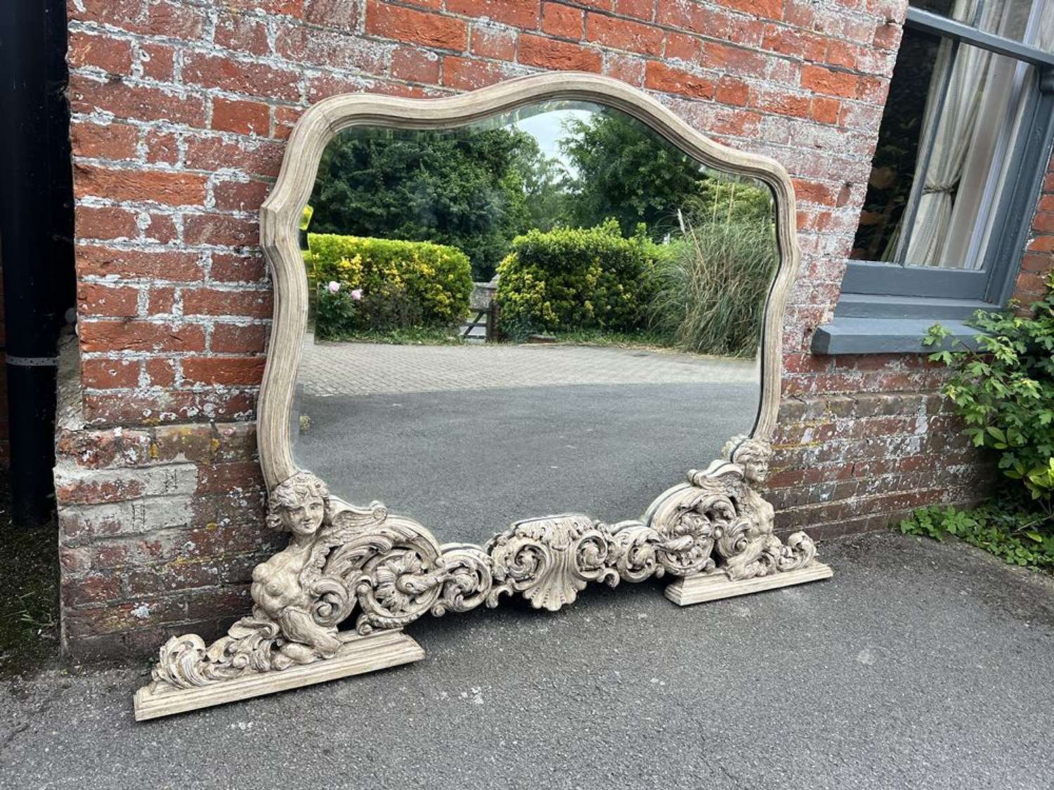 An Exceptional large Antique Italian 19th C carved wood painted Mirror