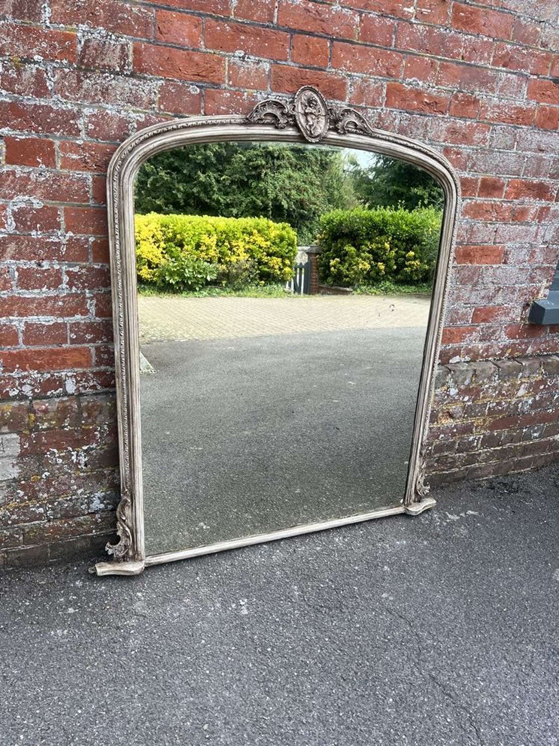 A Superb large Antique English 19th C arched painted Overmantle Mirror
