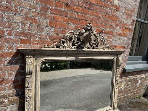 A Highly Impressive large Antique English 19th C carved wood painted Overmantle Mirror.