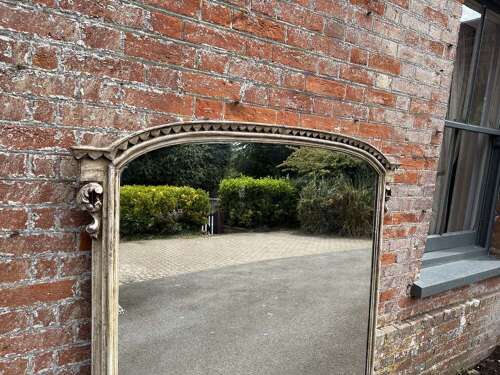 A Wonderful large Antique English 19th C shaped top painted Overmantle Mirror.