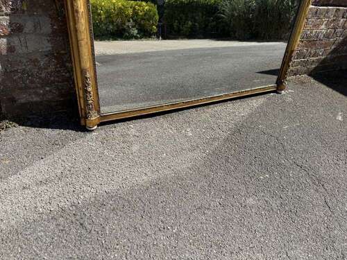 A Stunning large Antique English 19th C arched top etched Gilt framed Overmantle Mirror.