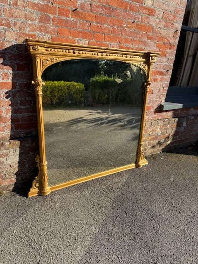 A Spectacular large Antique English 19th C carved wood & gesso gilt column framed Mirror