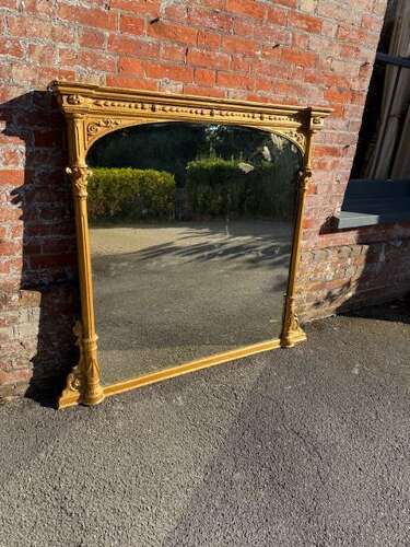 A Spectacular large Antique English 19th C carved wood & gesso gilt column framed Mirror