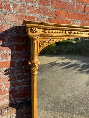 A Spectacular large Antique English 19th C carved wood & gesso gilt column framed Mirror