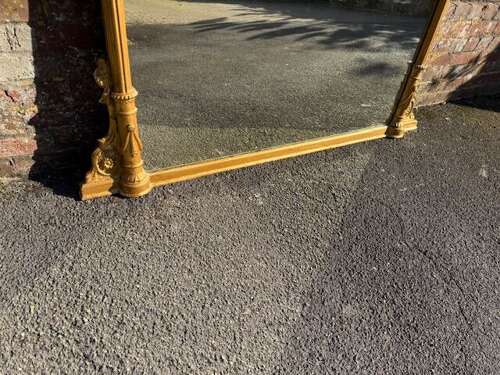 A Spectacular large Antique English 19th C carved wood & gesso gilt column framed Mirror