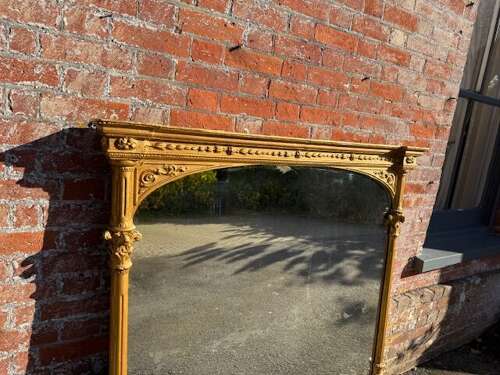A Spectacular large Antique English 19th C carved wood & gesso gilt column framed Mirror
