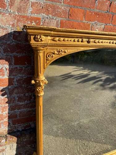 A Spectacular large Antique English 19th C carved wood & gesso gilt column framed Mirror