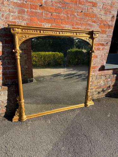 A Spectacular large Antique English 19th C carved wood & gesso gilt column framed Mirror