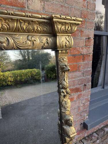An Exceptional large Antique English 19th C carved oak gilt Overmantle Mirror.