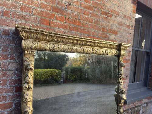 An Exceptional large Antique English 19th C carved oak gilt Overmantle Mirror.