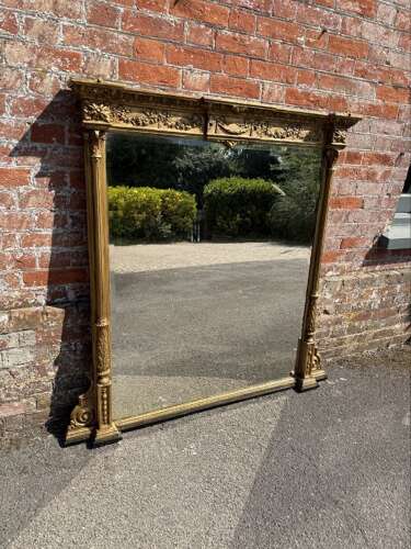 An Impressive large Antique English 19th C gilt column framed Overmantle Mirror.