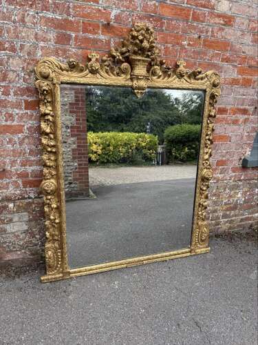 An Exceptional large Antique English 19th Century carved wood gilt  Overmantle Mirror,