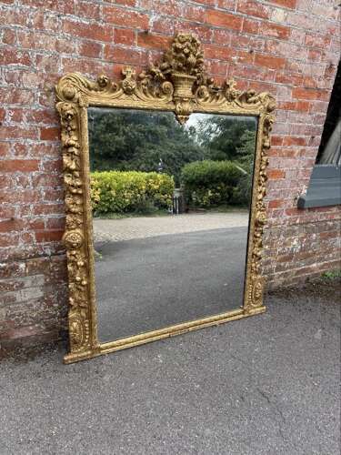 An Exceptional large Antique English 19th Century carved wood gilt Overmantle Mirror,